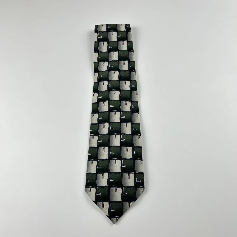 Vintage‎ 1996 J. Garcia Ancient Writing Green Silver Geometric 100% Silk Tie